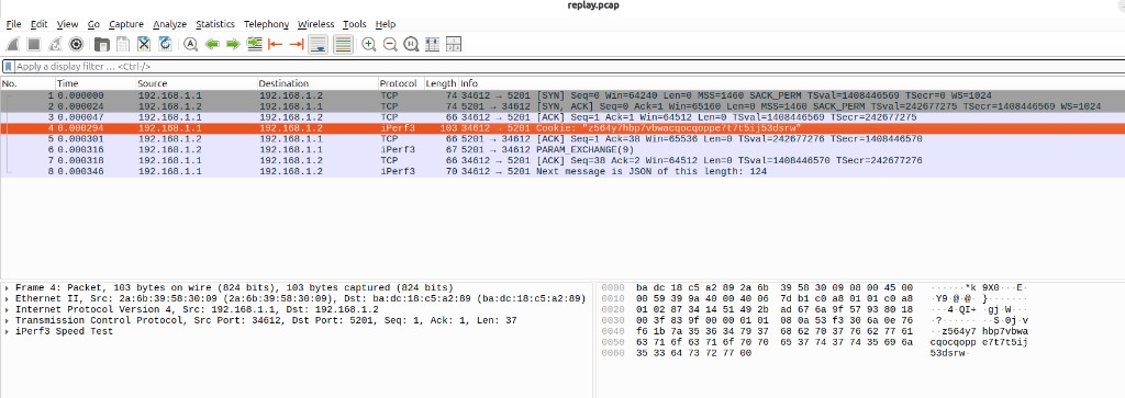 Wireshark showing eight Ethernet frames from a dump round-trip